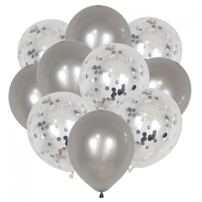 Buchet 10 baloane din latex cu confetti Silver Party [1]