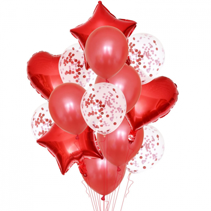 Buchet 10 baloane rosii din latex cu confetti Star Magic Party [1]