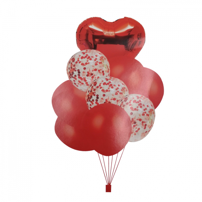 Buchet 9 baloane rosii din latex cu confetti Magic Party Red [1]