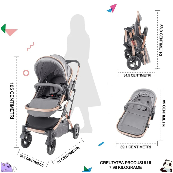 Carucior 2 in 1 pliabil si reversibil pentru bebelusi, cu cos de depozitare, 0-36 luni, pana la 15 kg, bej - KidMania.ro [4]