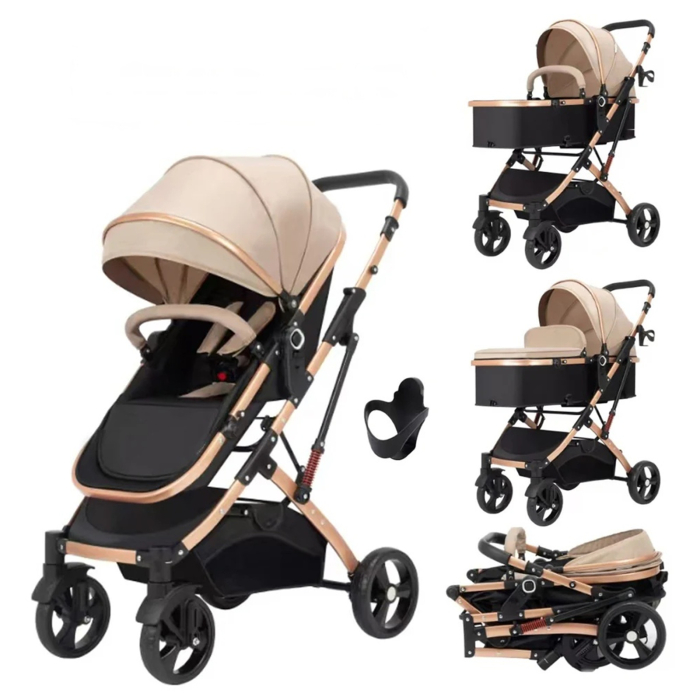 Carucior 2 in 1 pliabil si reversibil pentru bebelusi, cu cos de depozitare, 0-36 luni, pana la 15 kg, bej - KidMania.ro [2]