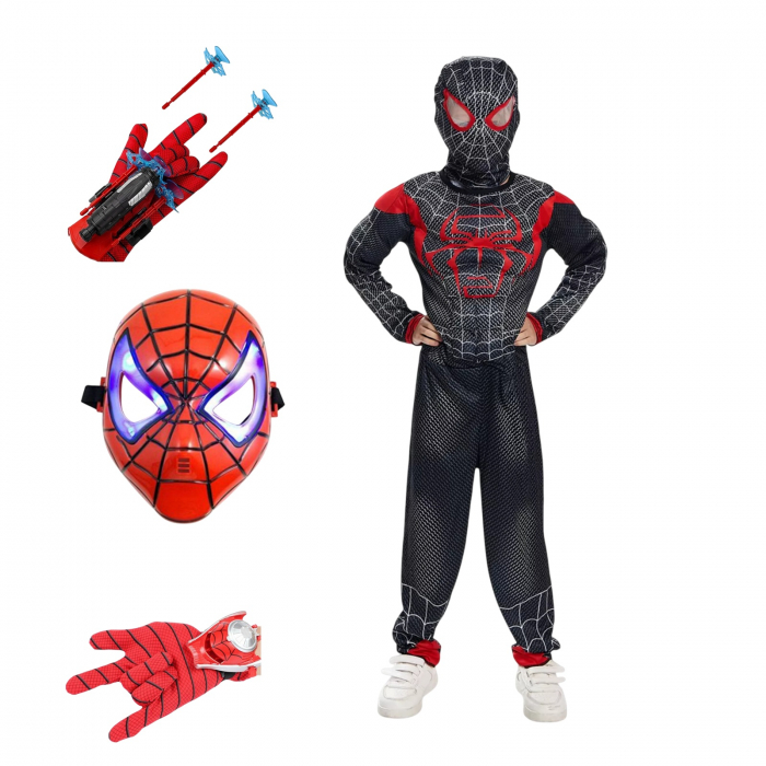 Costum Spiderman negru KidMania® cu muschi, masca cu lumini si doua manusi lansator cu ventuze pentru copii - KidMania.ro [1]