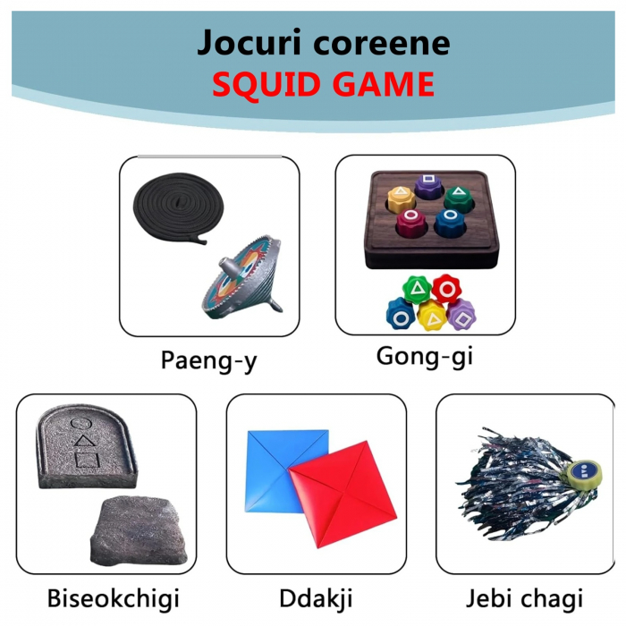 Set 5 jocuri traditionale coreene KidMania® din Squid Game pentru copii: Gong-gi, Ddakji, Jebi Chagi, Biseokchigi, Paeng-y - KidMania.ro [3]