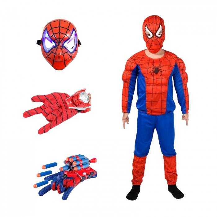 Set costum clasic Spiderman KidMania® cu muschi, masca cu lumini si doua manusi lansator pentru copii - KidMania.ro [1]