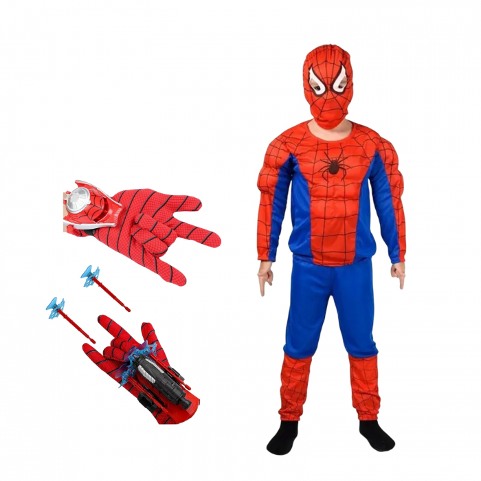 Set costum clasic Spiderman KidMania® cu muschi si doua manusi lansator cu ventuze pentru copii - KidMania.ro [1]