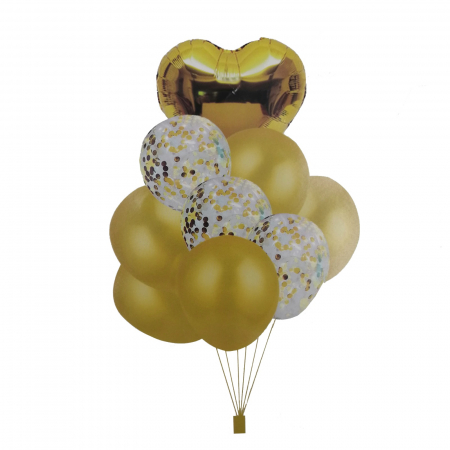 Baloane buchet - Buchet 9 baloane aurii din latex cu confetti Magic Party