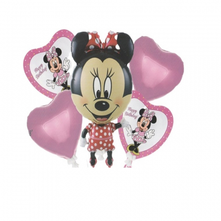 Buchet 5 baloane folie Minnie Mouse pentru aniversare, 45 cm - Kidmania.ro