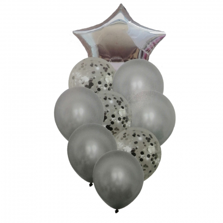 Baloane buchet - Buchet 9 baloane din latex cu confetti Magic Star Silver