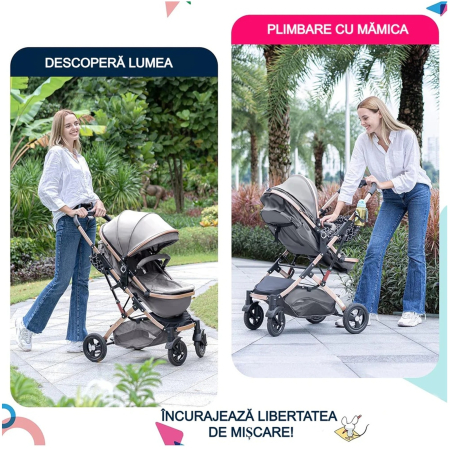 Carucior 2 in 1 pliabil si reversibil pentru bebelusi, cu cos de depozitare, 0-36 luni, pana la 15 kg, bej - KidMania.ro [5]