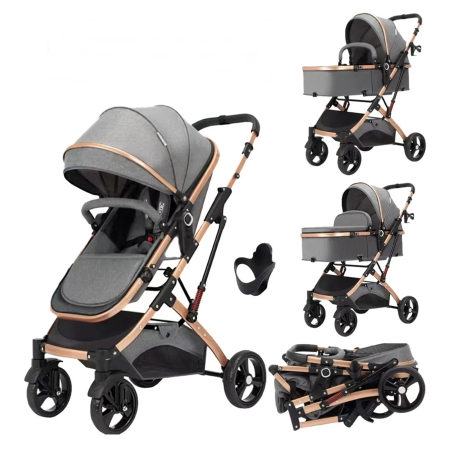Carucior 2 in 1 pliabil si reversibil pentru bebelusi, cu cos de depozitare, 0-36 luni, pana la 15 kg, gri - KidMania.ro [1]
