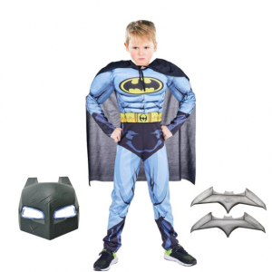 Costum Batman cu muschi pentru copii, M, 5 - 7 ani, masca inclusa si batarang [0]