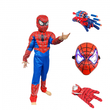 Costume Carnaval Copii - Costum Spider-Man KidMania® cu muschi, masca cu lumini si doua manusi lansator pentru copii - KidMania.ro