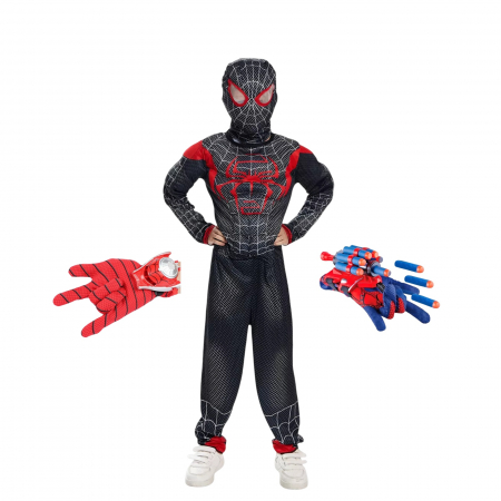 Costume pentru Baieti - Costum Spiderman negru KidMania® cu muschi si doua manusi lansator pentru copii - KidMania.ro