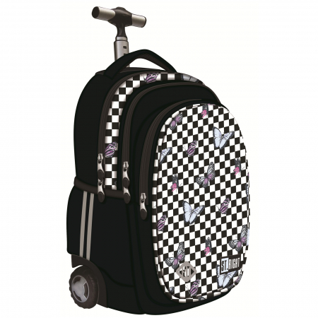Rechizite - Ghiozdan Troler ST.Right, colectia Chessboard Butterflies, TB01, roti silicon, 44x32x25 cm - KidMania.ro