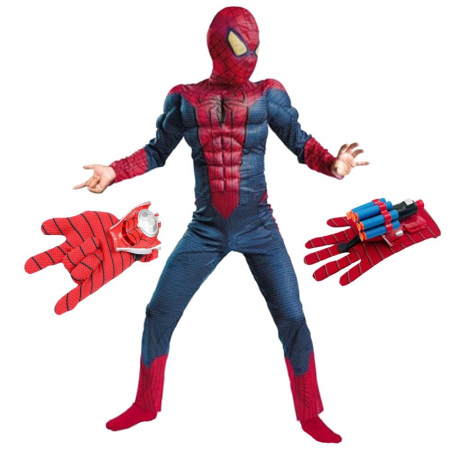 Costume Supereroi - Costum Spiderman cu muschi Infinity War pentru copii si doua lansatoare pentru baiat