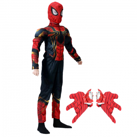 Costume Carnaval Copii - Set costum Iron Spiderman cu muschi si manusi cu lansator pentru baieti