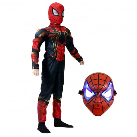 Set costum Iron Spiderman cu muschi si masca LED pentru baieti [0]