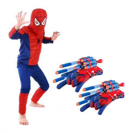 Costume pentru Baieti - Set costum Spiderman KidMania® cu doua manusi lansator cu ventuze din burete pentru copii - KidMania.ro