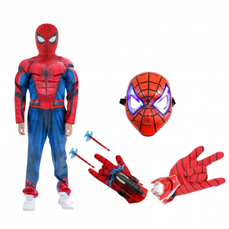 Costume Carnaval - Set costum Spiderman KidMania® cu muschi, masca cu lumini si doua manusi lansator cu ventuze pentru copii - KidMania.ro