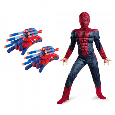 Set costum Spiderman KidMania® cu muschi si doua manusi lansator cu ventuze din burete pentru copii - KidMania.ro