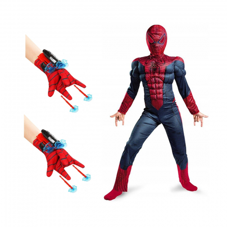 Set costum Spiderman KidMania® cu muschi si doua manusi lansator cu ventuze pentru copii - KidMania.ro
