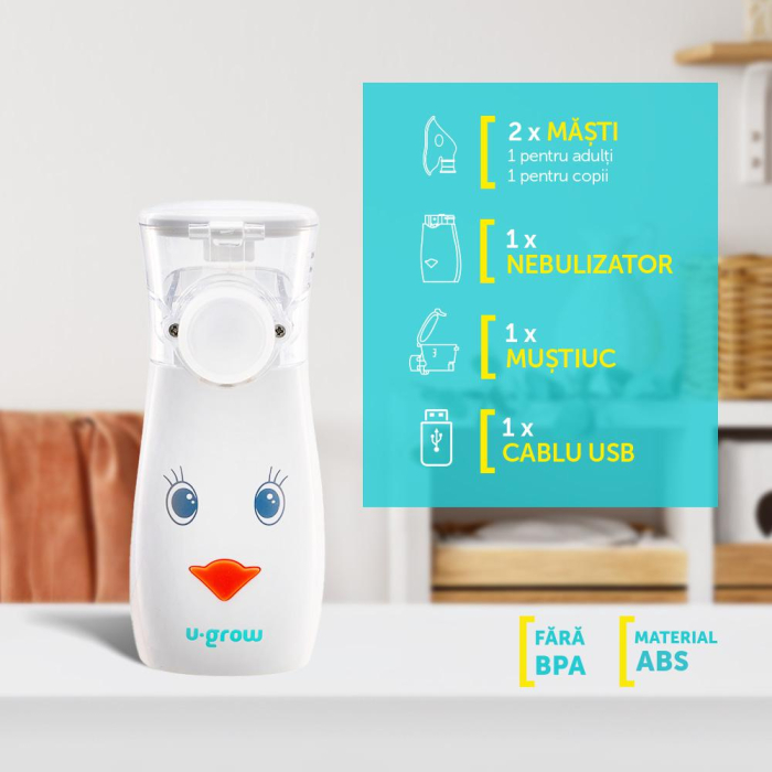 Aparat aerosoli U-Grow , portabil cu ultrasunete ,tehnologie silentoasa, masca de copii si adulti inclusa in pachet, design prietenos pentru copii [4]