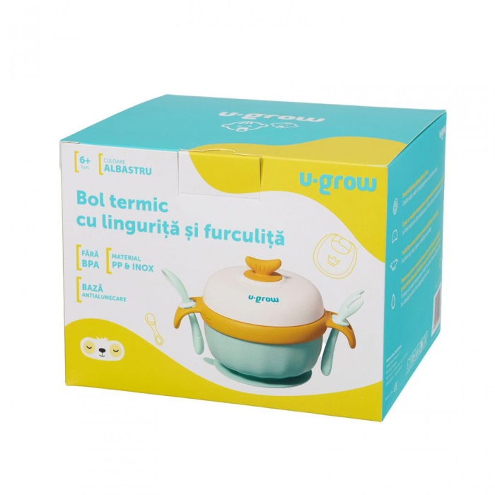 Bol termic , lingurita si furculita , baza antialunecare, blue, U-Grow [5]