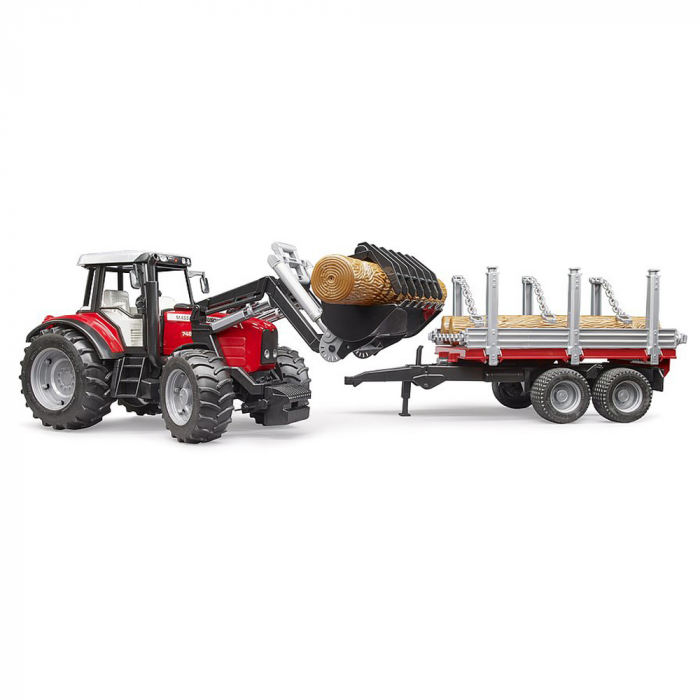 Bruder - Tractor Massey Ferguson 7480 Cu Incarcator Frontal Si Remorca Pentru Lemne [2]