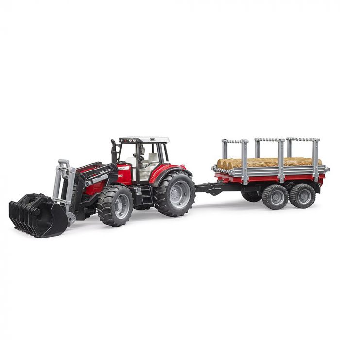 Bruder - Tractor Massey Ferguson 7480 Cu Incarcator Frontal Si Remorca Pentru Lemne [4]