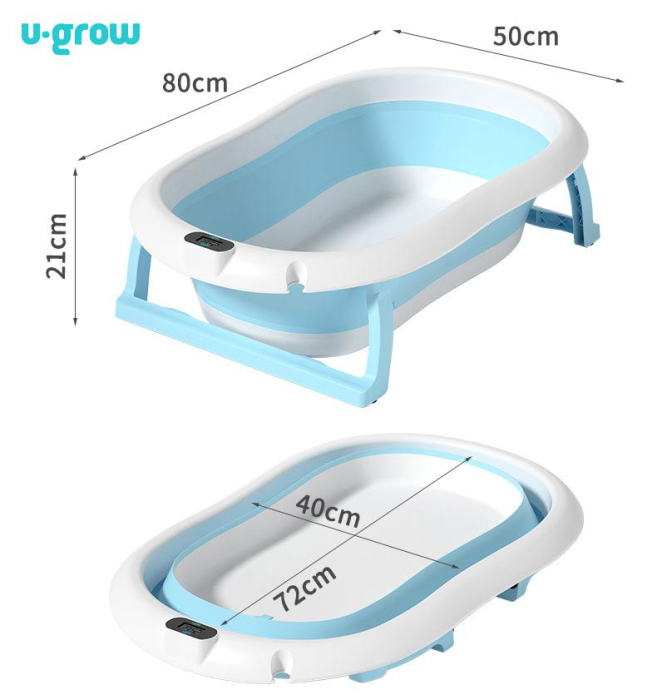 Cadita cu pernuta pentru bebelusi, termometru digital incorporat, pliabila, dop se scurgere, picioare anti-alunecare , blue, U-Grow [2]