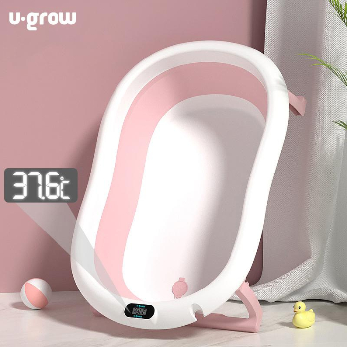 Cadita cu pernuta pentru bebelusi, termometru digital incorporat, pliabila, dop se scurgere, picioare anti-alunecare , roz, U-Grow [3]