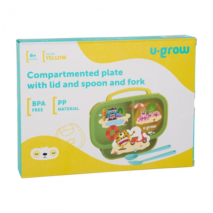 Farfurie compartimentata cu capac si lingurita si furculita, galbena, U-Grow [6]