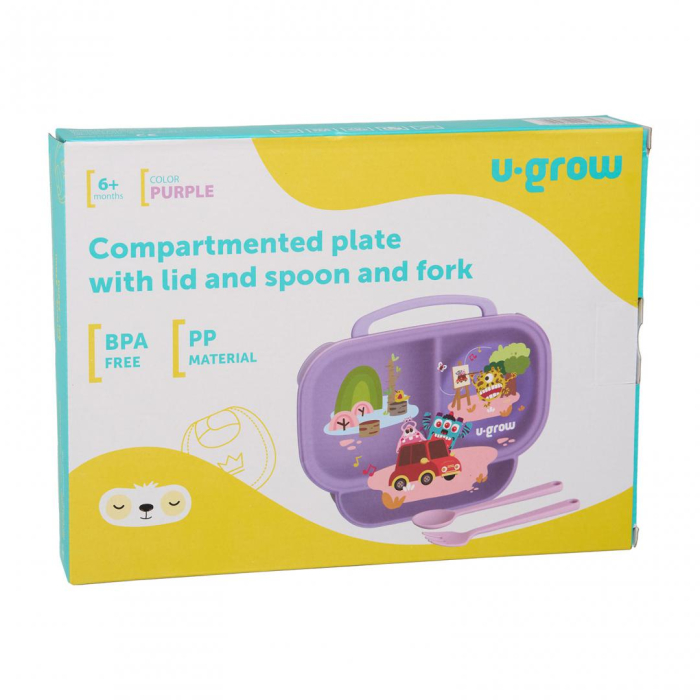 Farfurie compartimentata cu capac si lingurita si furculita, mov, U-Grow [8]
