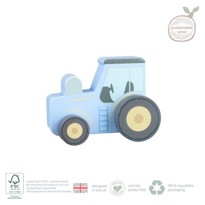 Jucarie de impins Tractor albastru din lemn, Orange Tree Toys [3]