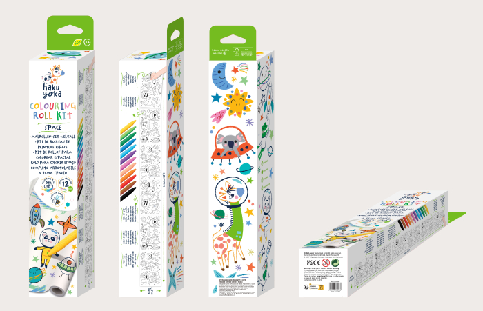 Kit rola de desenat autoadeziva - 3 m si 12 creioane colorate cerate, Spatiu - Haku Yoka [11]