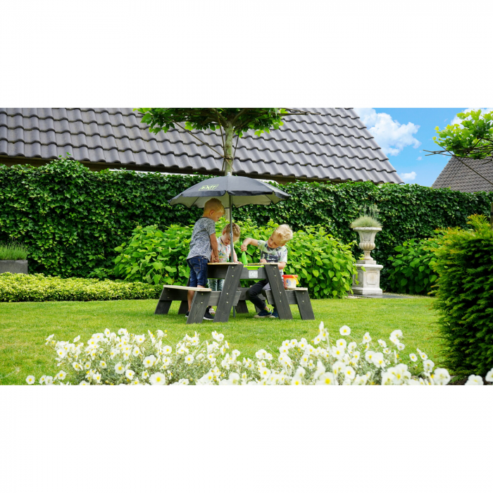Masă Aksent 3-în-1 cu 2 bănci, umbrelă și unelte de grădinărit – nisip, apă și picnic, Exit Toys [9]