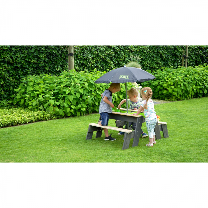 Masă Aksent 3-în-1 cu 2 bănci, umbrelă și unelte de grădinărit – nisip, apă și picnic, Exit Toys [11]