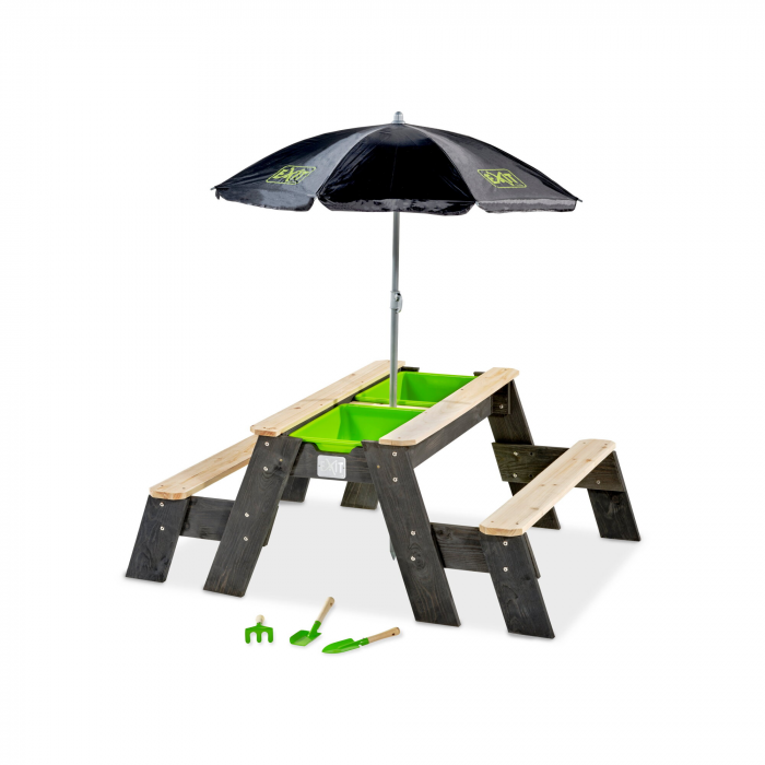 Masă Aksent 3-în-1 cu 2 bănci, umbrelă și unelte de grădinărit – nisip, apă și picnic, Exit Toys [1]