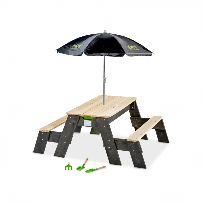 Masă Aksent 3-în-1 cu 2 bănci, umbrelă și unelte de grădinărit – nisip, apă și picnic, Exit Toys [2]