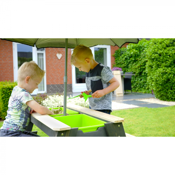 Masă Aksent 3-în-1 cu 2 bănci, umbrelă și unelte de grădinărit – nisip, apă și picnic, Exit Toys [14]