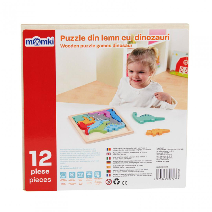 PUZZLE DIN LEMN CU DINOZAURI, 12 PIESE, MOMKI [3]
