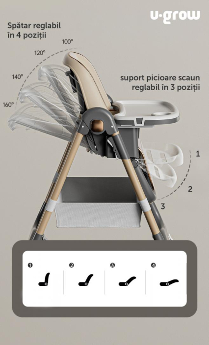 Scaun de masa cu inaltime reglabila, spatar ajustabil in 4 pozitii, pliabil, brown, U-Grow [2]