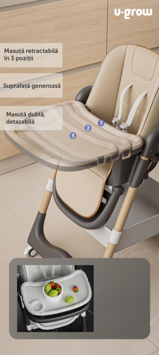 Scaun de masa cu inaltime reglabila, spatar ajustabil in 4 pozitii, pliabil, brown, U-Grow [3]