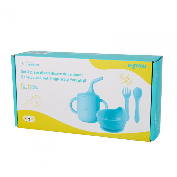 Set 4 piese diversificare din silicon: Cana cu pai, bol , lingurita si furculita, blue, U-Grow [4]