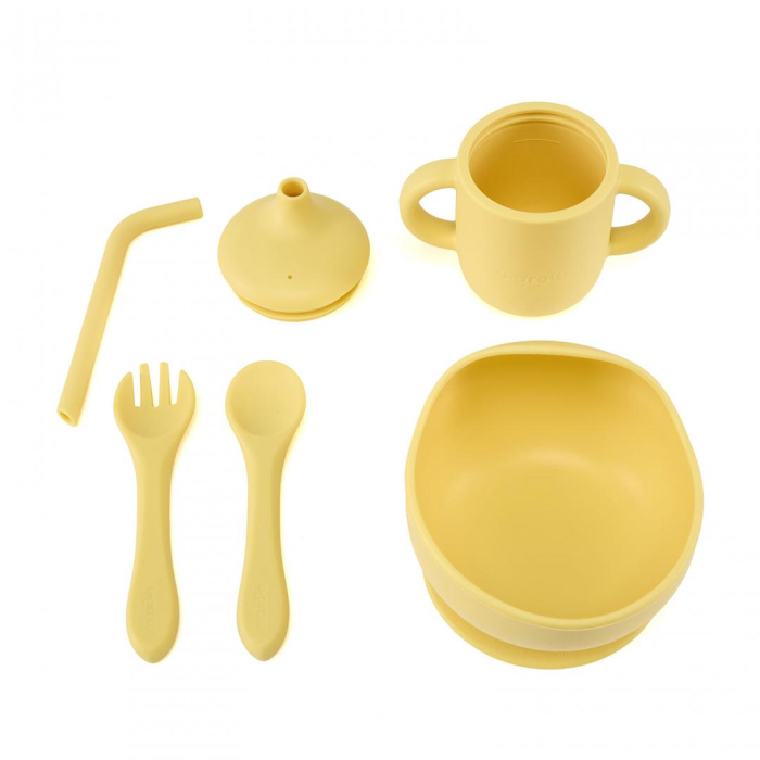 Set 4 piese diversificare din silicon: Cana cu pai, bol , lingurita si furculita, galben, U-Grow [3]