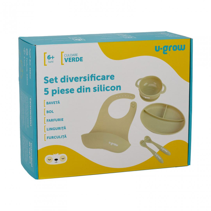 Set diversificare 5 piese silicon : baveta, bol, farfurie, lingurita si furculita, olive, U-Grow [7]