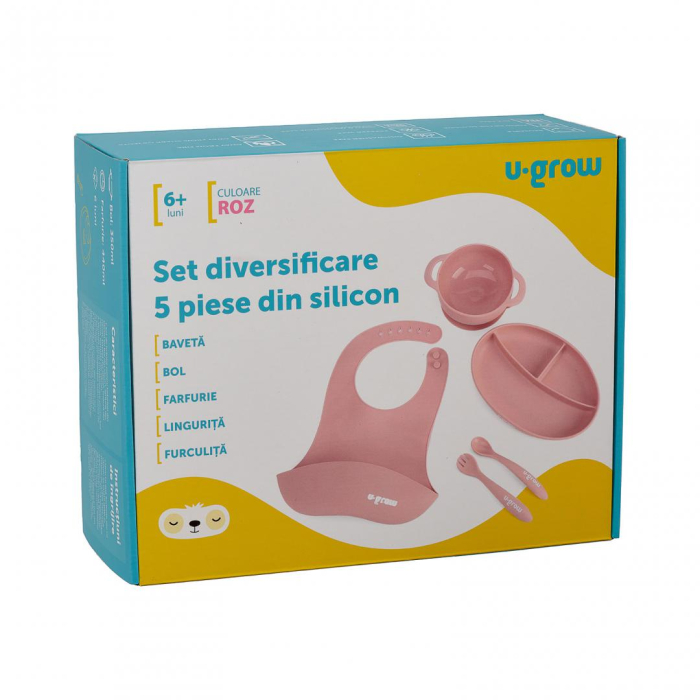 Set diversificare 5 piese silicon : baveta, bol, farfurie, lingurita si furculita, roz, U-Grow [7]