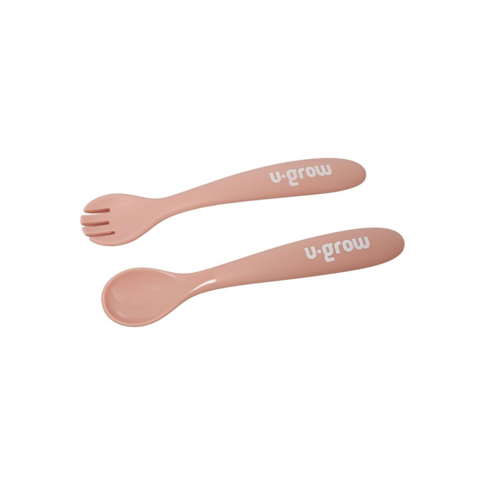 Set diversificare 5 piese silicon : baveta, bol, farfurie, lingurita si furculita, roz, U-Grow [6]