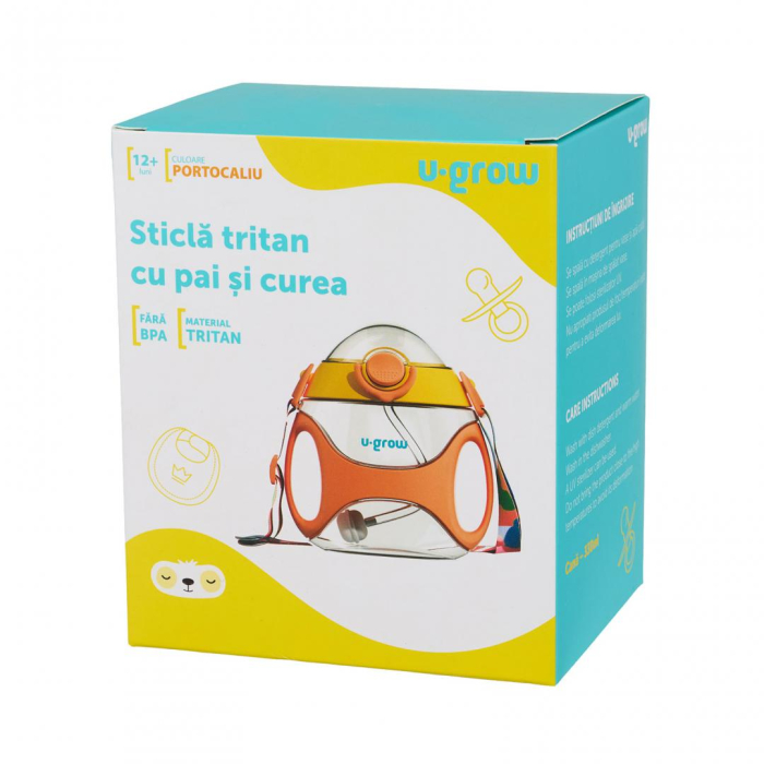 Sticla tritan cu pai si curea , 330 ml , orange, U-Grow [4]
