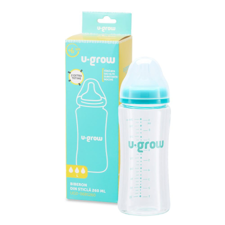 Accesorii hranire - Biberon de sticla 260 ml+2 tetine extra, U-Grow